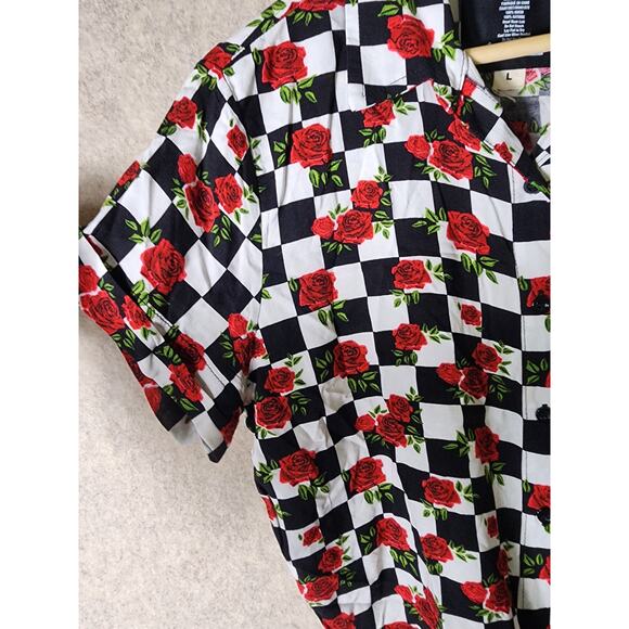 SPENCERS Checkered Red Rose Button Down Front Tie Crop Shirt SZ L - Picture 9 of 9